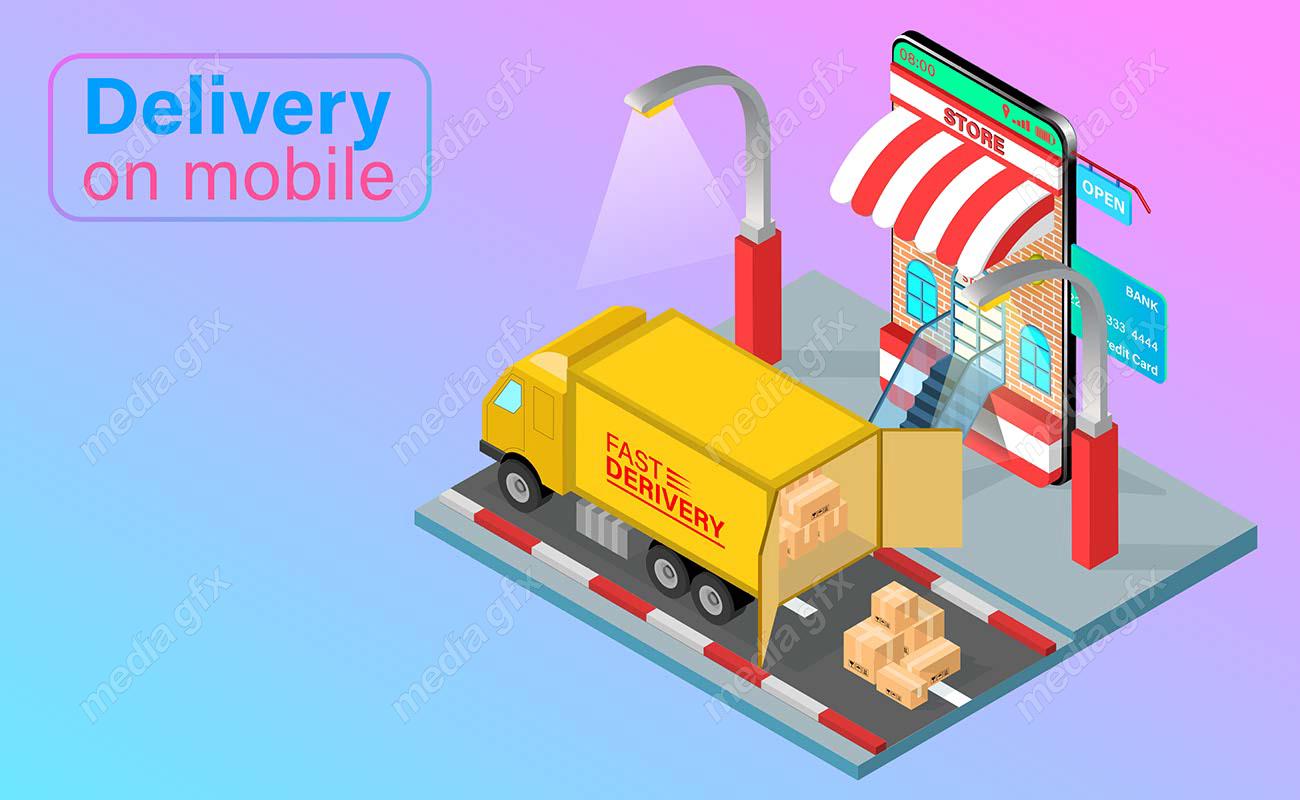 وکتور طرح تحویل توسط پیک و پستچی و خرید آنلاین و اینترنتی MV000416