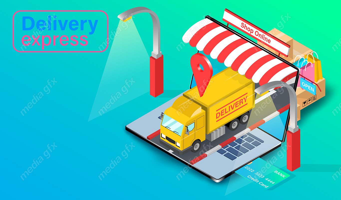 وکتور طرح تحویل توسط پیک و پستچی و خرید آنلاین و اینترنتی MV000419