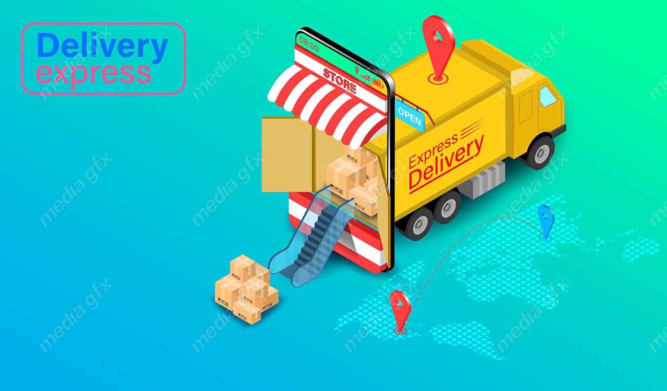 وکتور طرح تحویل توسط پیک و پستچی و خرید آنلاین و اینترنتی MV000421