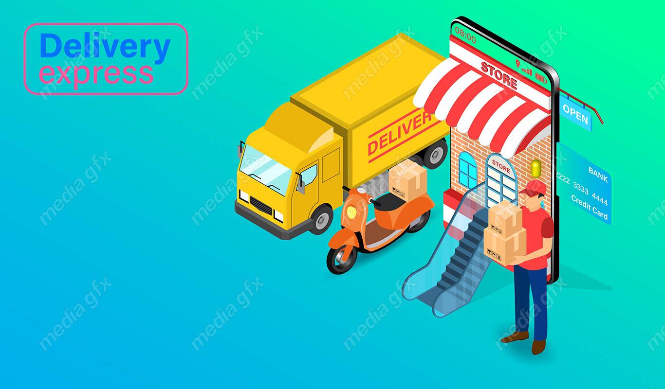 وکتور طرح تحویل توسط پیک و پستچی و خرید آنلاین و اینترنتی MV000422