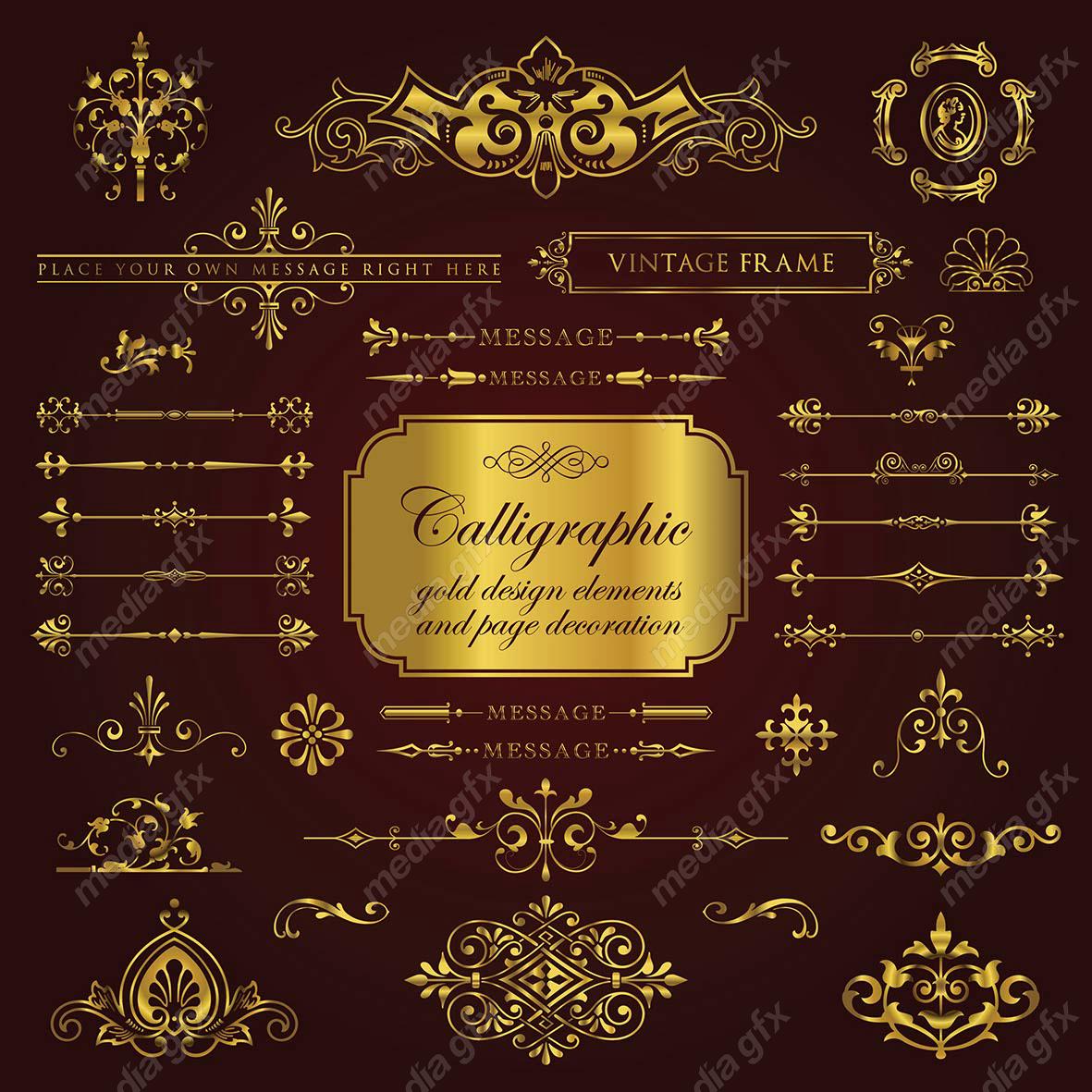 وکتور کادر و حاشیه، جدا کننده و عناصر تزئینی طلایی اسلیمی MV001728