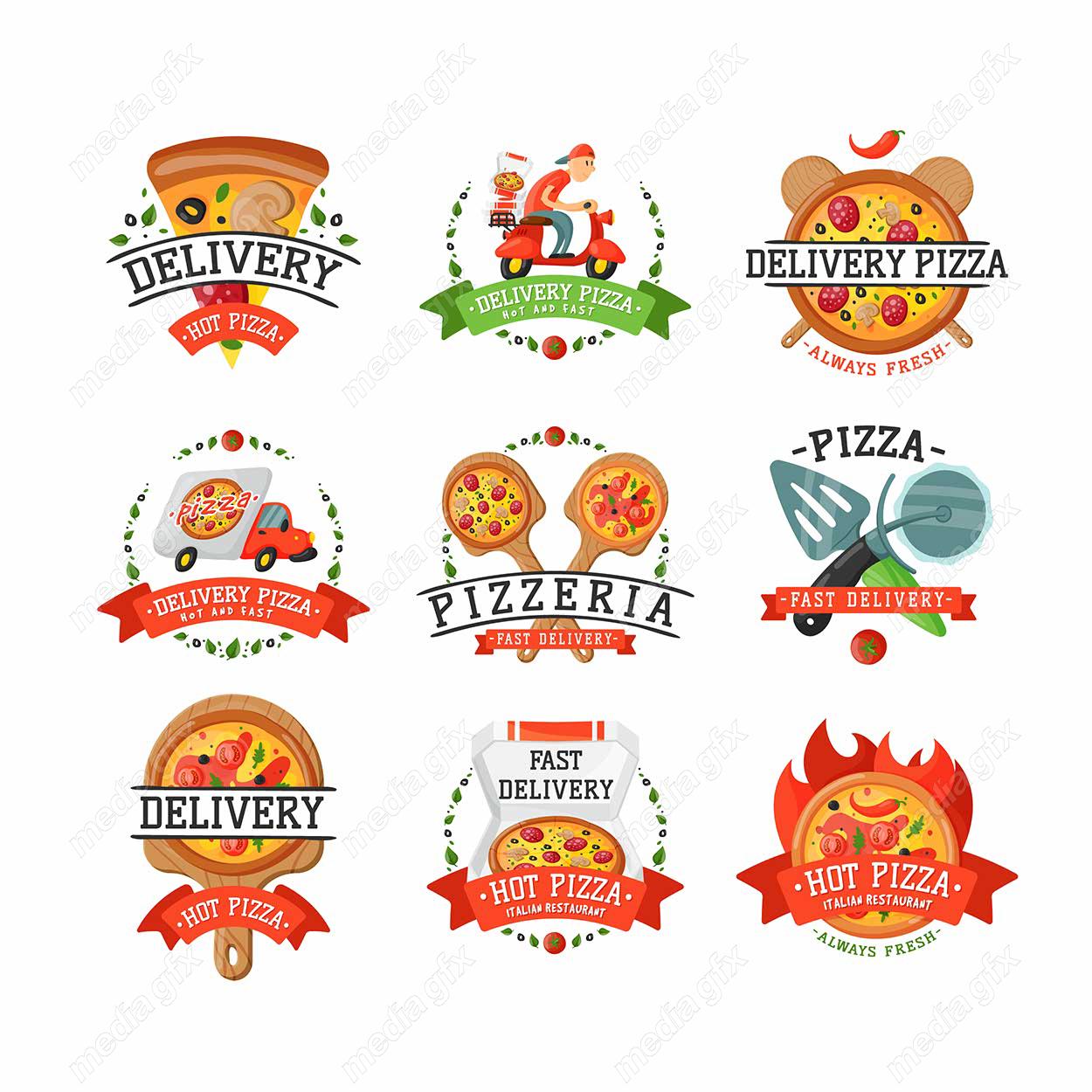 وکتور ست طرح لوگوی پیتزا و فست فود متنوع و جذاب MV001773