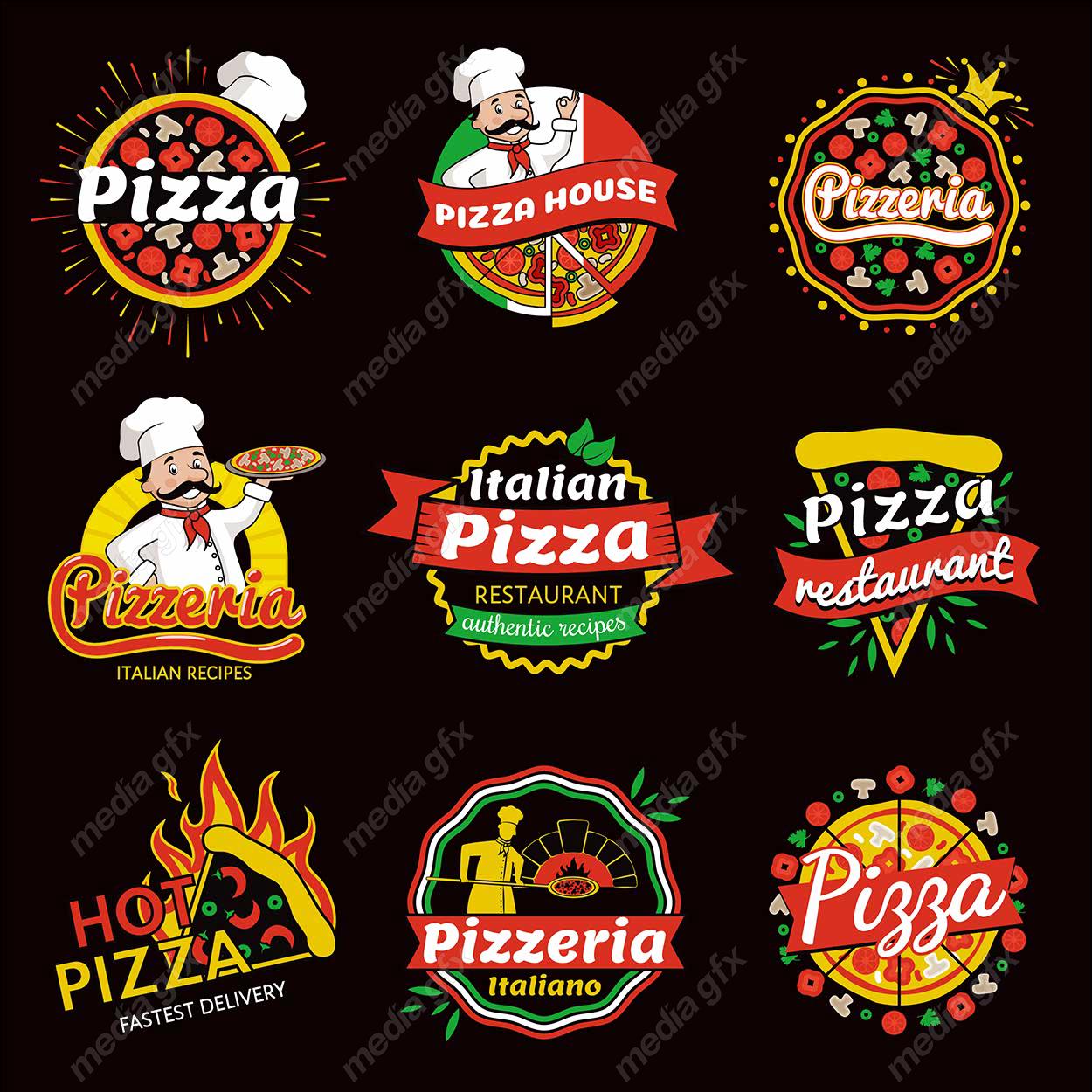 وکتور ست طرح لوگوی پیتزا و فست فود متنوع و جذاب MV001774