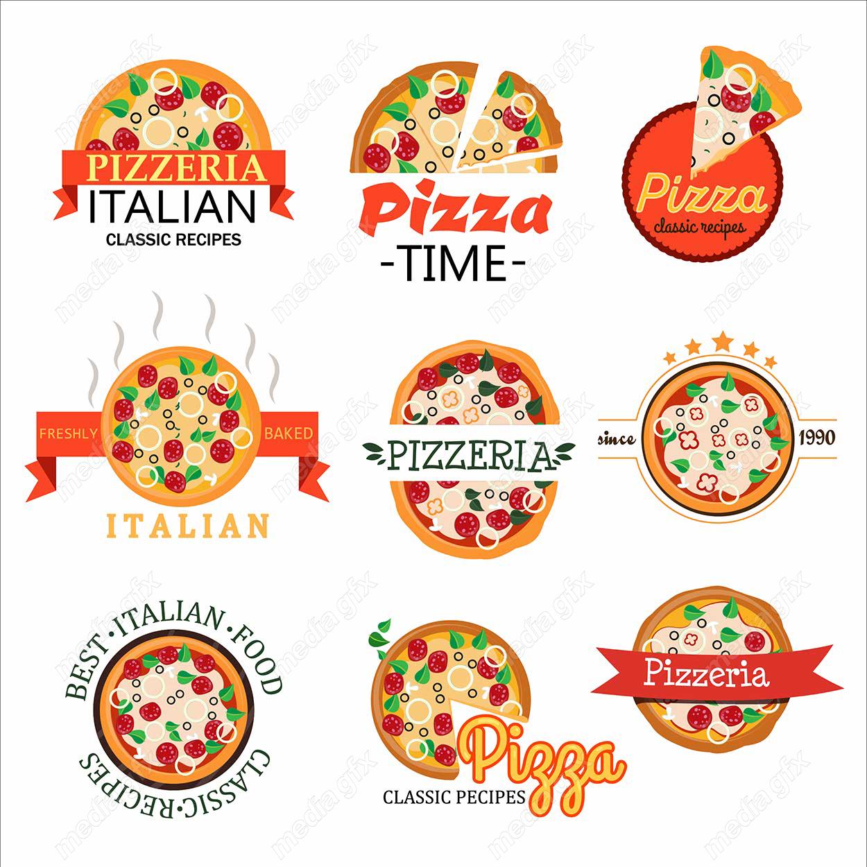 وکتور ست طرح لوگوی پیتزا و فست فود متنوع و جذاب MV001778