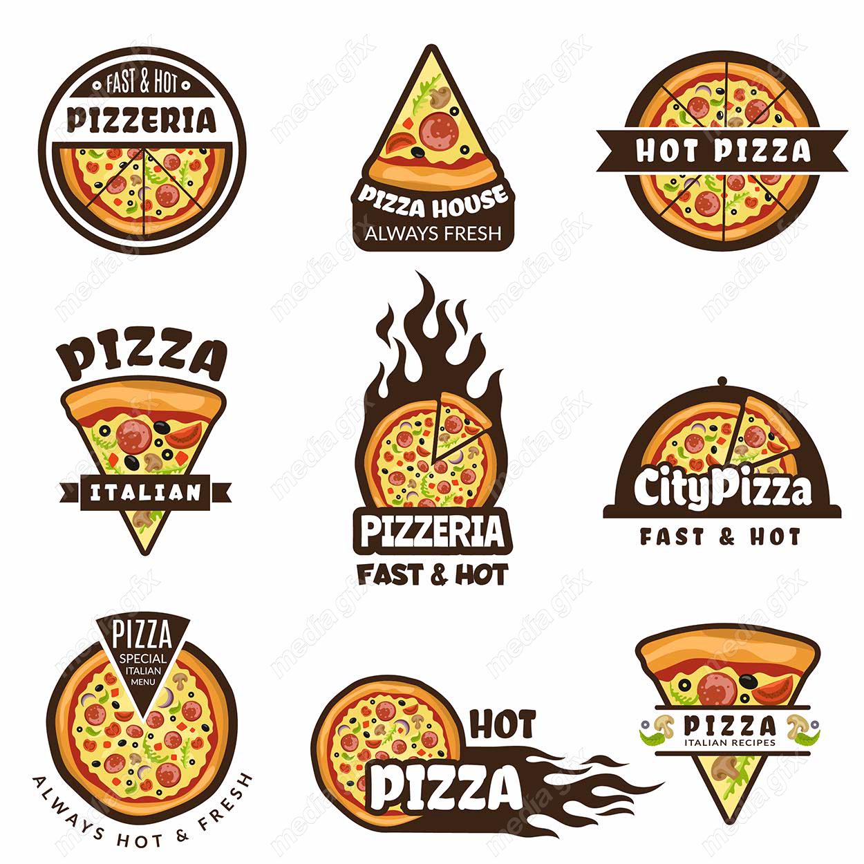 وکتور ست طرح لوگوی پیتزا و فست فود متنوع و جذاب MV001779