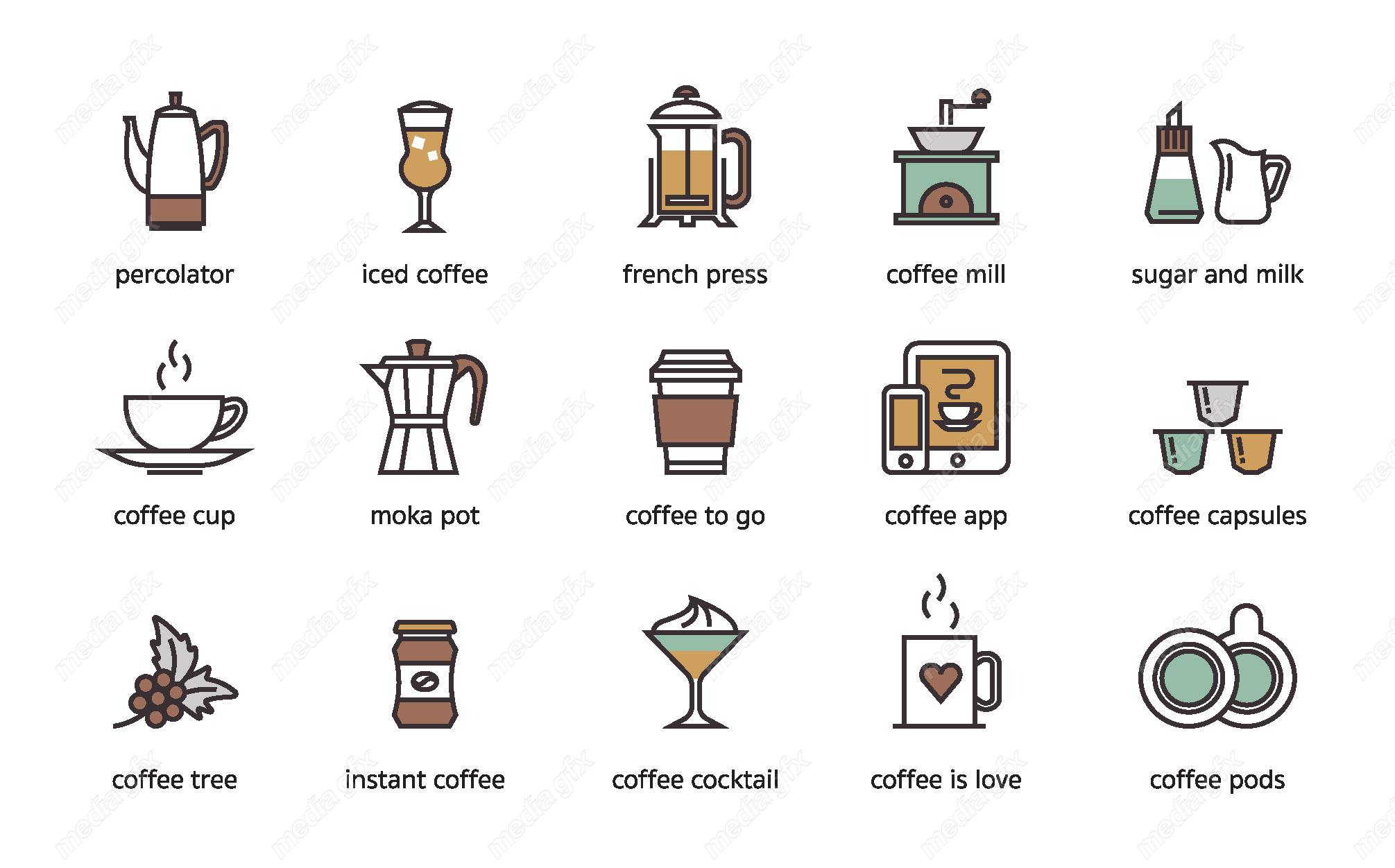 وکتور ست آیکون چای ساز، اسپرسوساز و فنجان قهوه MV001884