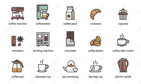 وکتور ست آیکون چای ساز، اسپرسوساز و فنجان قهوه MV001885