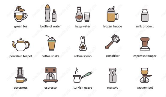 وکتور ست آیکون چای ساز، اسپرسوساز و فنجان قهوه MV001886