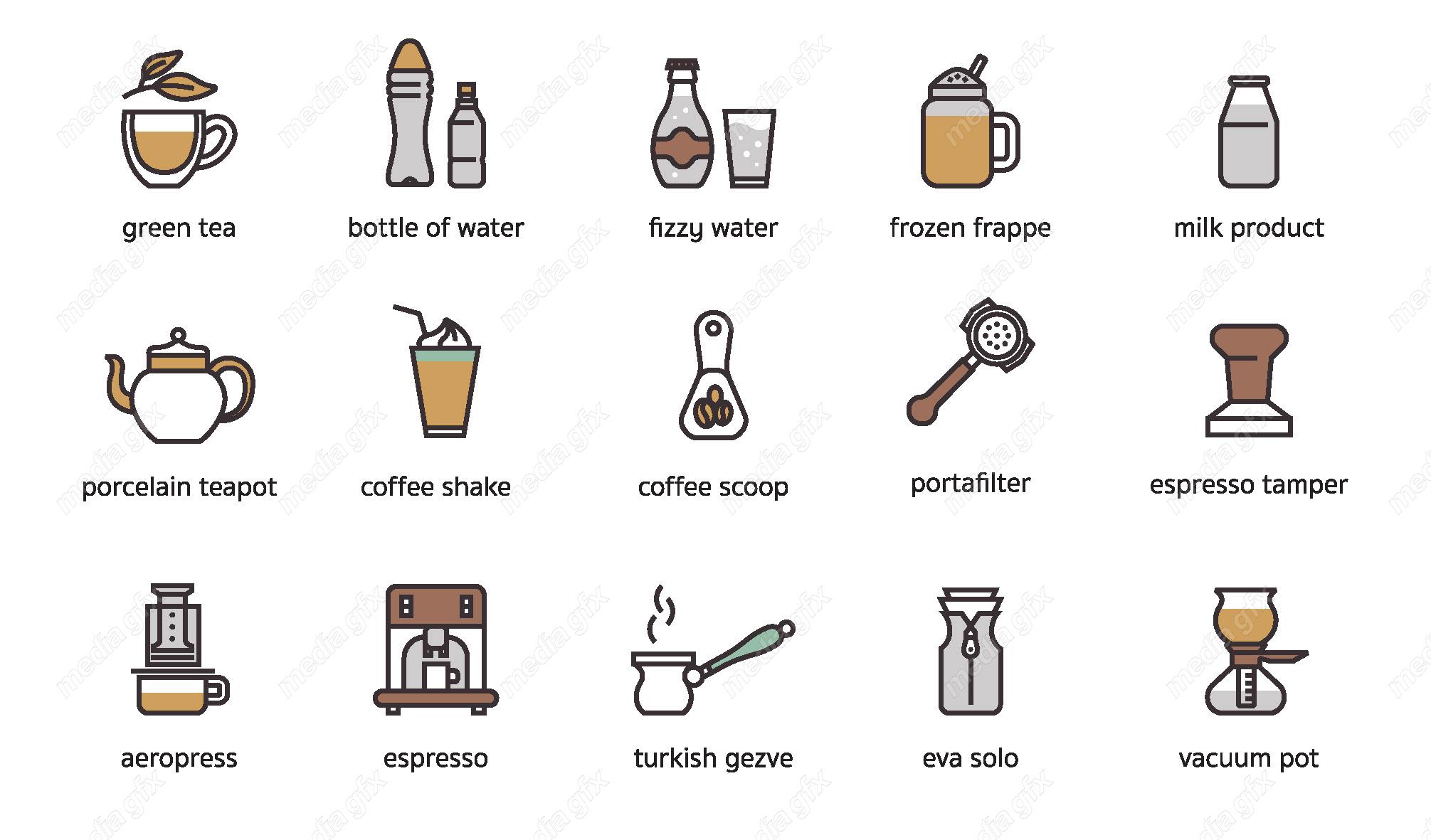 وکتور ست آیکون چای ساز، اسپرسوساز و فنجان قهوه MV001886