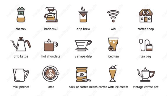 وکتور ست آیکون چای ساز، اسپرسوساز و فنجان قهوه MV001887