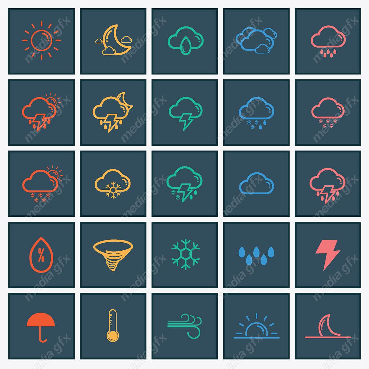 وکتور ست آیکون هواشناسی و پیش بینی آب و هوا MV002497