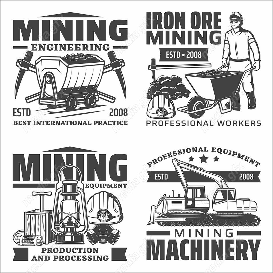 وکتور طرح لوگوی معدن، کامیون، بولدوزر و ماشین سنگین MV002636