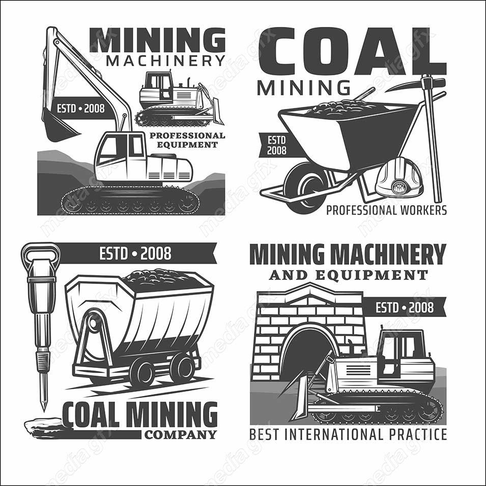 وکتور طرح لوگوی معدن، کامیون، بولدوزر و ماشین سنگین MV002637