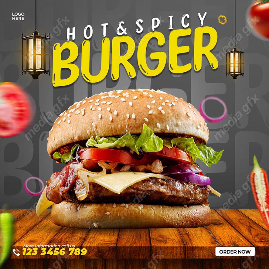 تمپلیت آماده پست اینستاگرام همبرگر و فست فود MP003384
