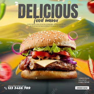 تمپلیت آماده پست اینستاگرام همبرگر و فست فود MP003388