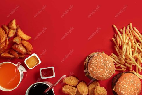 دانلود رایگان عکس با کیفیت پس زمینه همبرگر، سیب زمینی و فست فود MJ003413