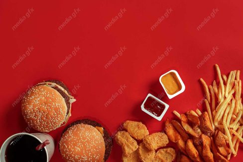 دانلود رایگان عکس با کیفیت پس زمینه همبرگر، سیب زمینی و فست فود MJ003415