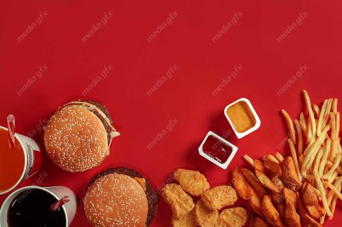 دانلود رایگان عکس با کیفیت پس زمینه همبرگر، سیب زمینی و فست فود MJ003421