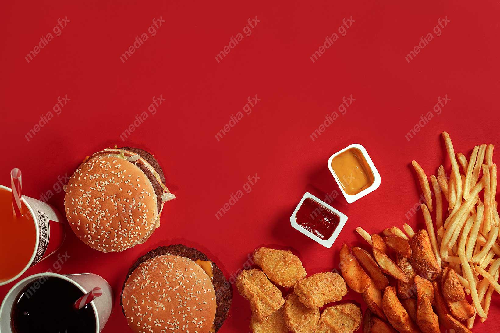 دانلود رایگان عکس با کیفیت پس زمینه همبرگر، سیب زمینی و فست فود MJ003421