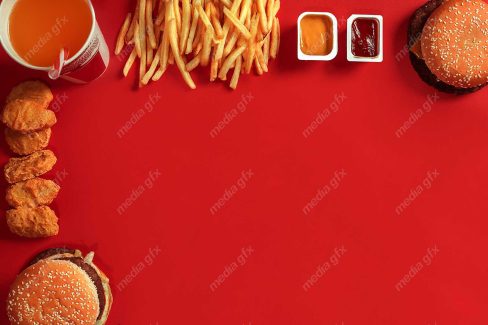 دانلود رایگان عکس با کیفیت پس زمینه همبرگر، سیب زمینی و فست فود MJ003424
