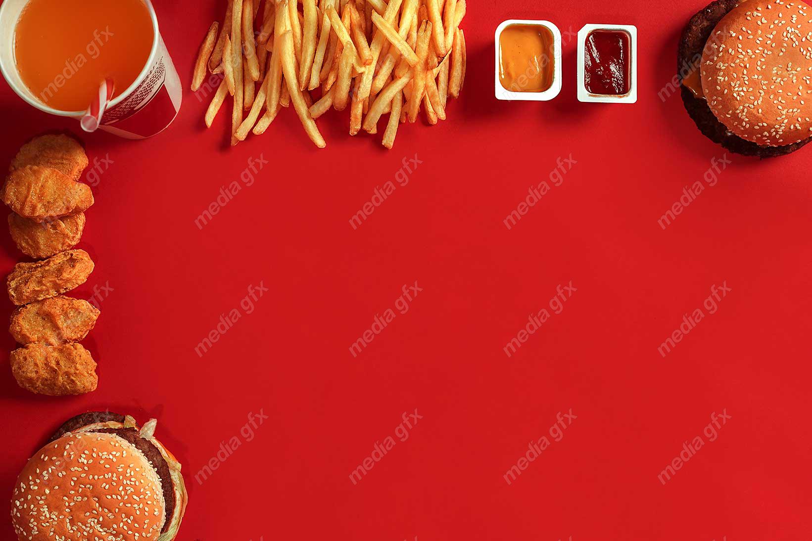 دانلود رایگان عکس با کیفیت پس زمینه همبرگر، سیب زمینی و فست فود MJ003424