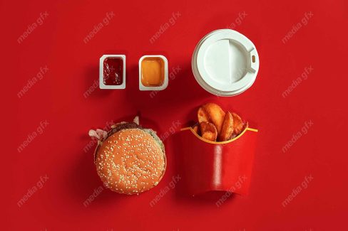 دانلود رایگان عکس با کیفیت پس زمینه همبرگر، سیب زمینی و فست فود MJ003425