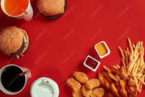 دانلود رایگان عکس با کیفیت پس زمینه همبرگر، سیب زمینی و فست فود MJ003429