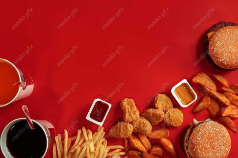 دانلود رایگان عکس با کیفیت پس زمینه همبرگر، سیب زمینی و فست فود MJ003433