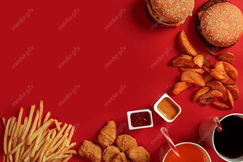 دانلود رایگان عکس با کیفیت پس زمینه همبرگر، سیب زمینی و فست فود MJ003435