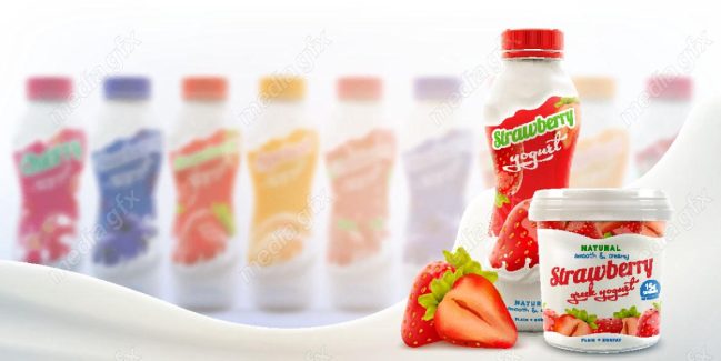 وکتور ست مجموعه از بطری های ماست میوه ای با طعم توت فرنگی MV003936