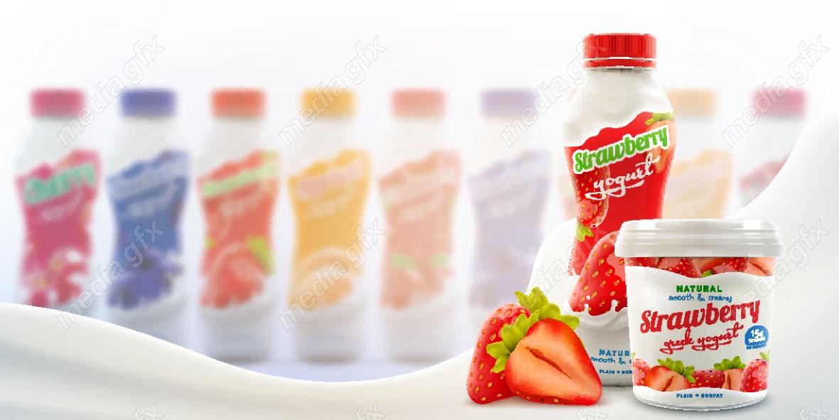 وکتور ست مجموعه از بطری های ماست میوه ای با طعم توت فرنگی MV003936