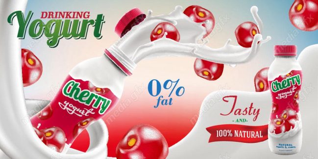 وکتور ماست نوشیدنی با طعم میوه آلبالو چرخش در شیر MV003943