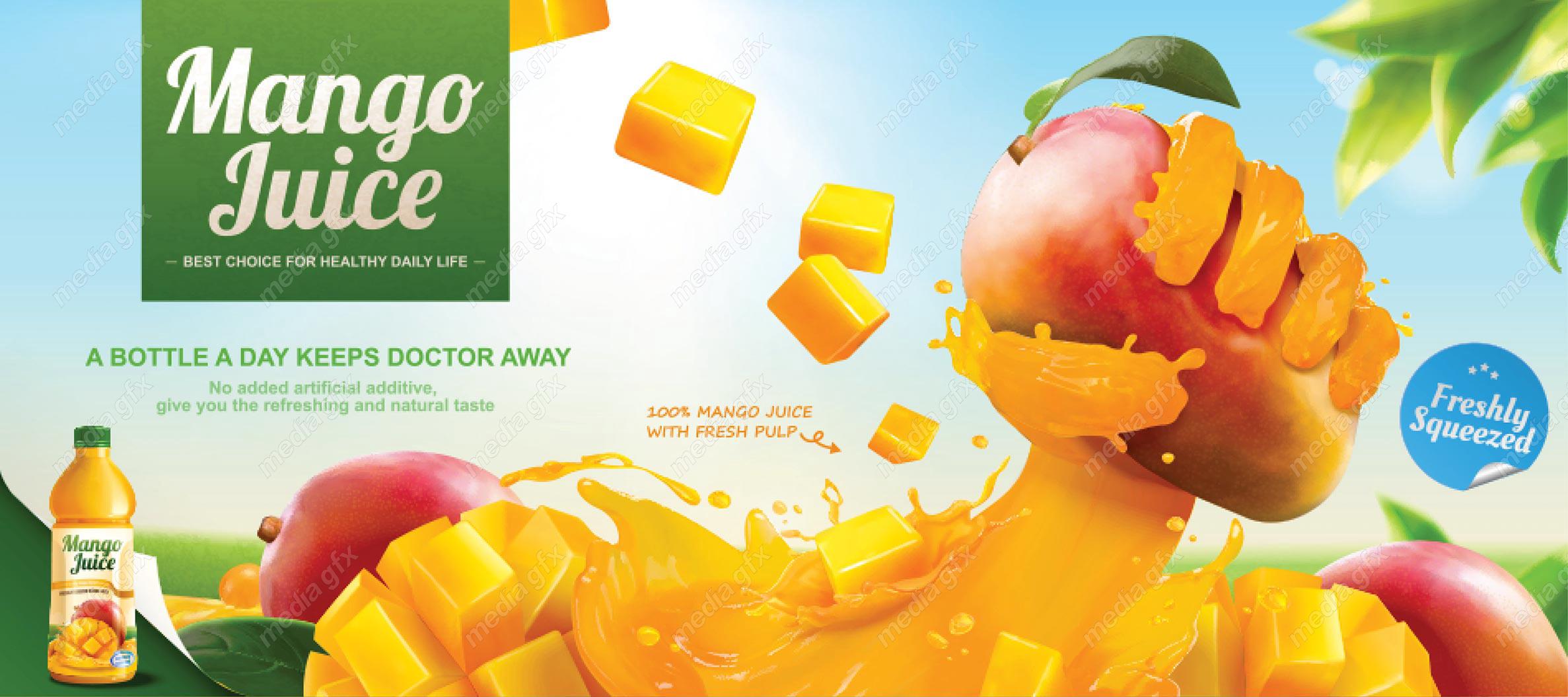 وکتور طرح لایه باز و پوستر آبمیوه و نوشیدنی انبه MV003970
