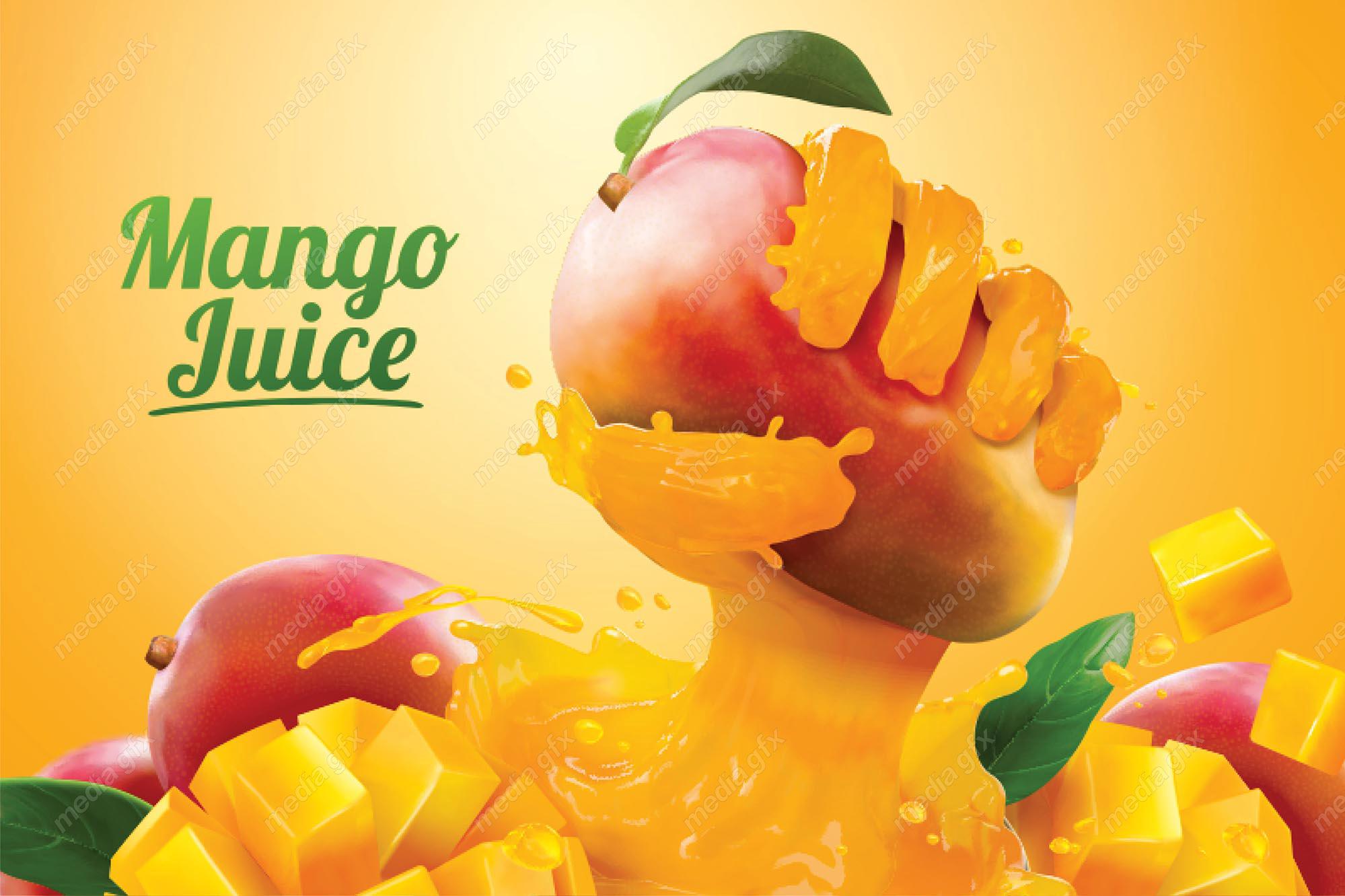 وکتور طرح لایه باز و پوستر آبمیوه و نوشیدنی انبه MV003972