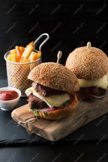 دانلود رایگان عکس با کیفیت همبرگر، فست فود و سیب زمینی MJ004735