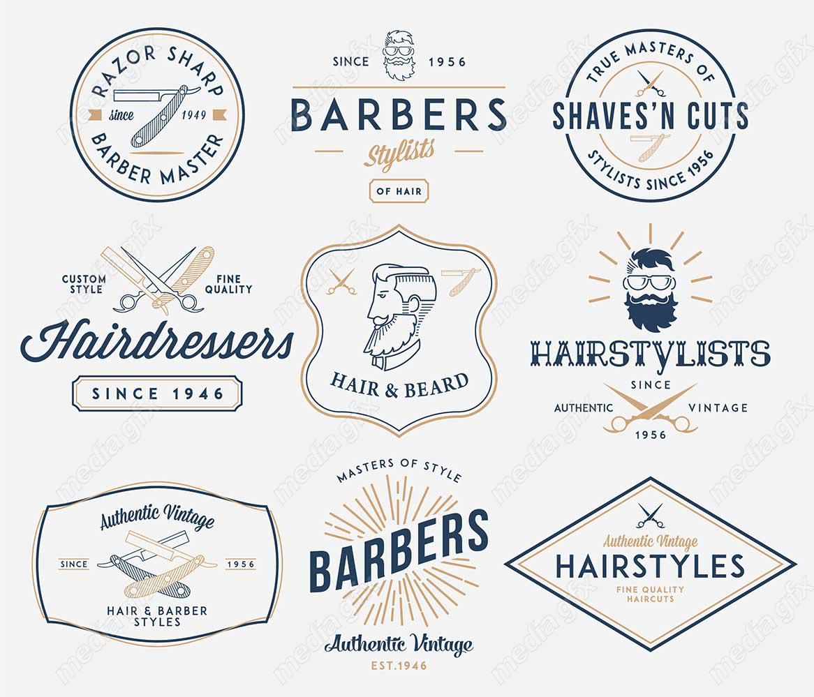 وکتور طرح لوگوی آرایشگر، قیچی، تیغ، شانه و ماشین اصلاح MV005023