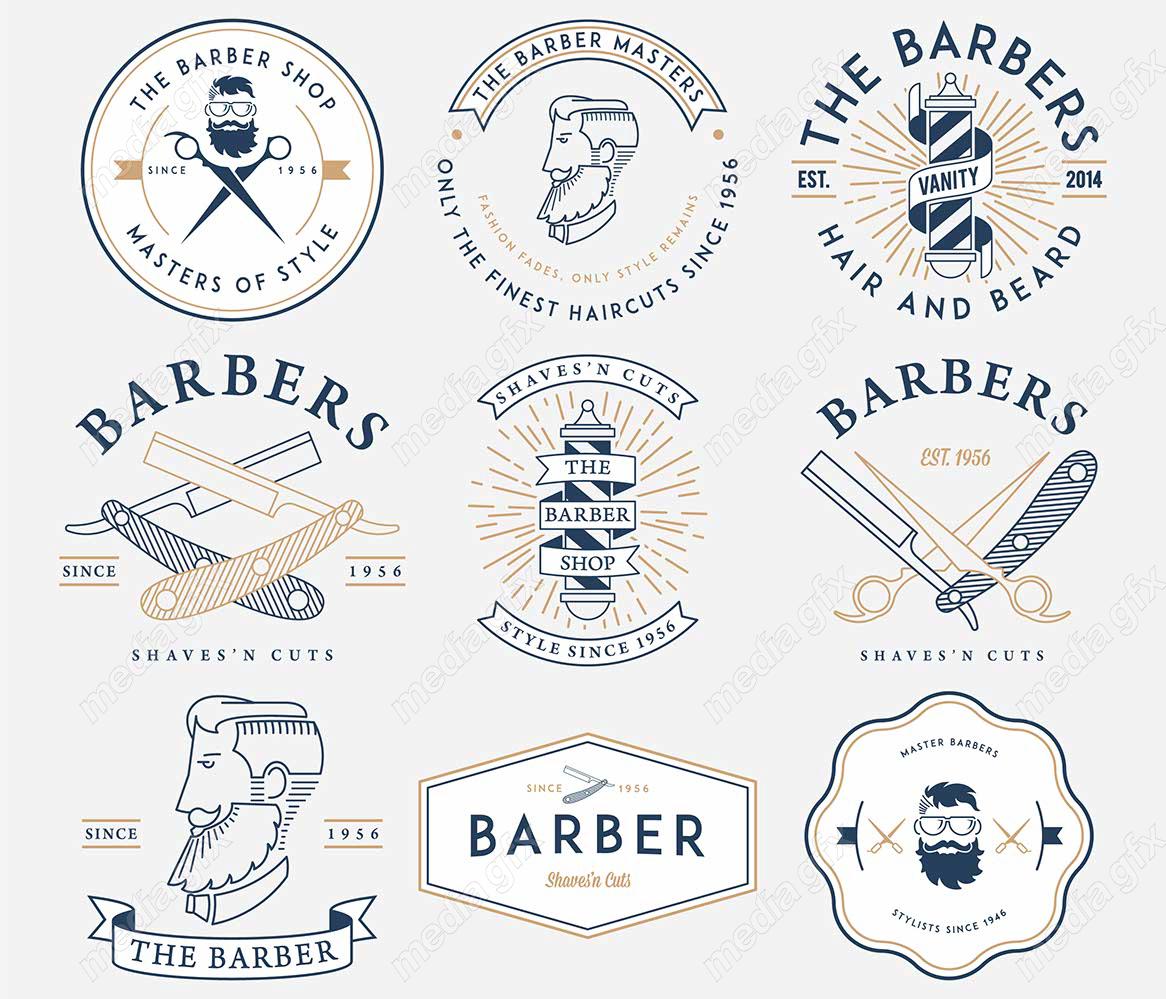 وکتور طرح لوگوی آرایشگر، قیچی، تیغ، شانه و ماشین اصلاح MV005026