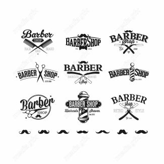 وکتور طرح لوگوی آرایشگر، قیچی، تیغ، شانه و ماشین اصلاح MV005032