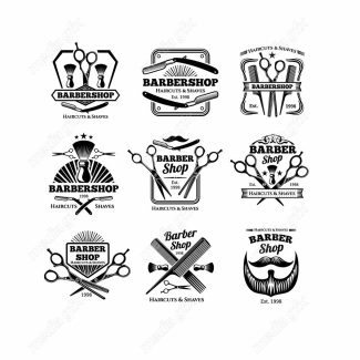 وکتور طرح لوگوی آرایشگر، قیچی، تیغ، شانه و ماشین اصلاح MV005034