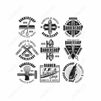 وکتور طرح لوگوی آرایشگر، قیچی، تیغ، شانه و ماشین اصلاح MV005035