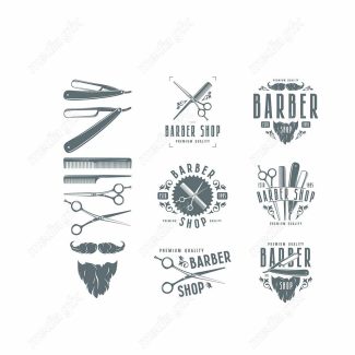 وکتور طرح لوگوی آرایشگر، قیچی، تیغ، شانه و ماشین اصلاح MV005036