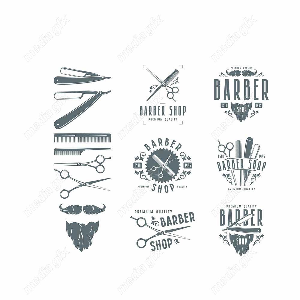 وکتور طرح لوگوی آرایشگر، قیچی، تیغ، شانه و ماشین اصلاح MV005036