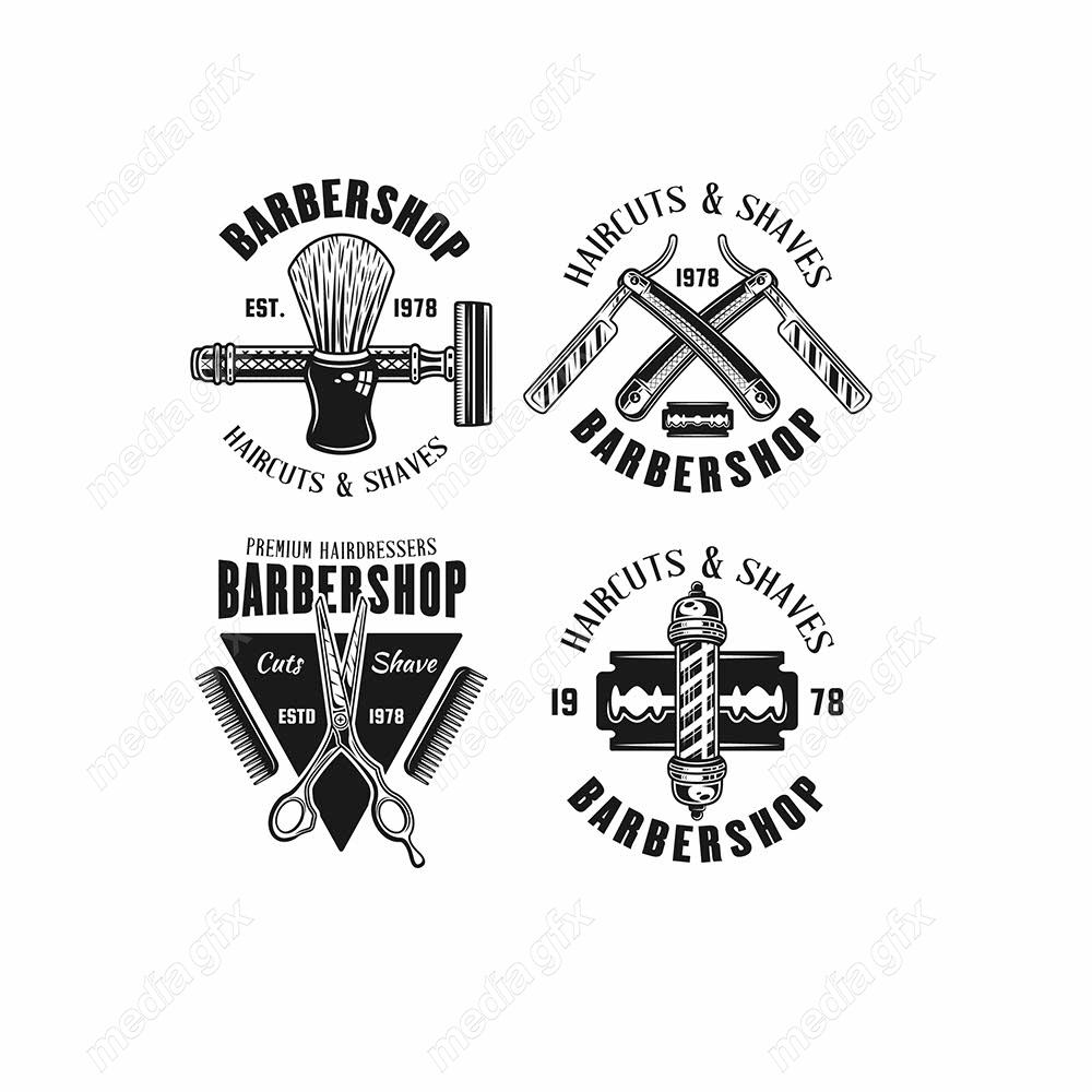 وکتور طرح لوگوی آرایشگر، قیچی، تیغ، شانه و ماشین اصلاح MV005037