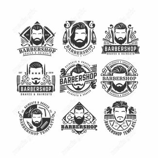 وکتور طرح لوگوی آرایشگر، قیچی، تیغ، شانه و ماشین اصلاح MV005038