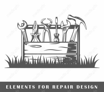 وکتور جعبه ابزار چوبی – چک کش، انبر دست، آچار فرانسه و پیچ گوشتی MV005122