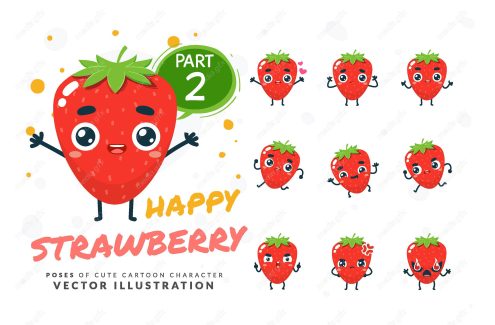 وکتور ست کاراکتر کاتونی توت فرنگی در حالات مختلف MV005437