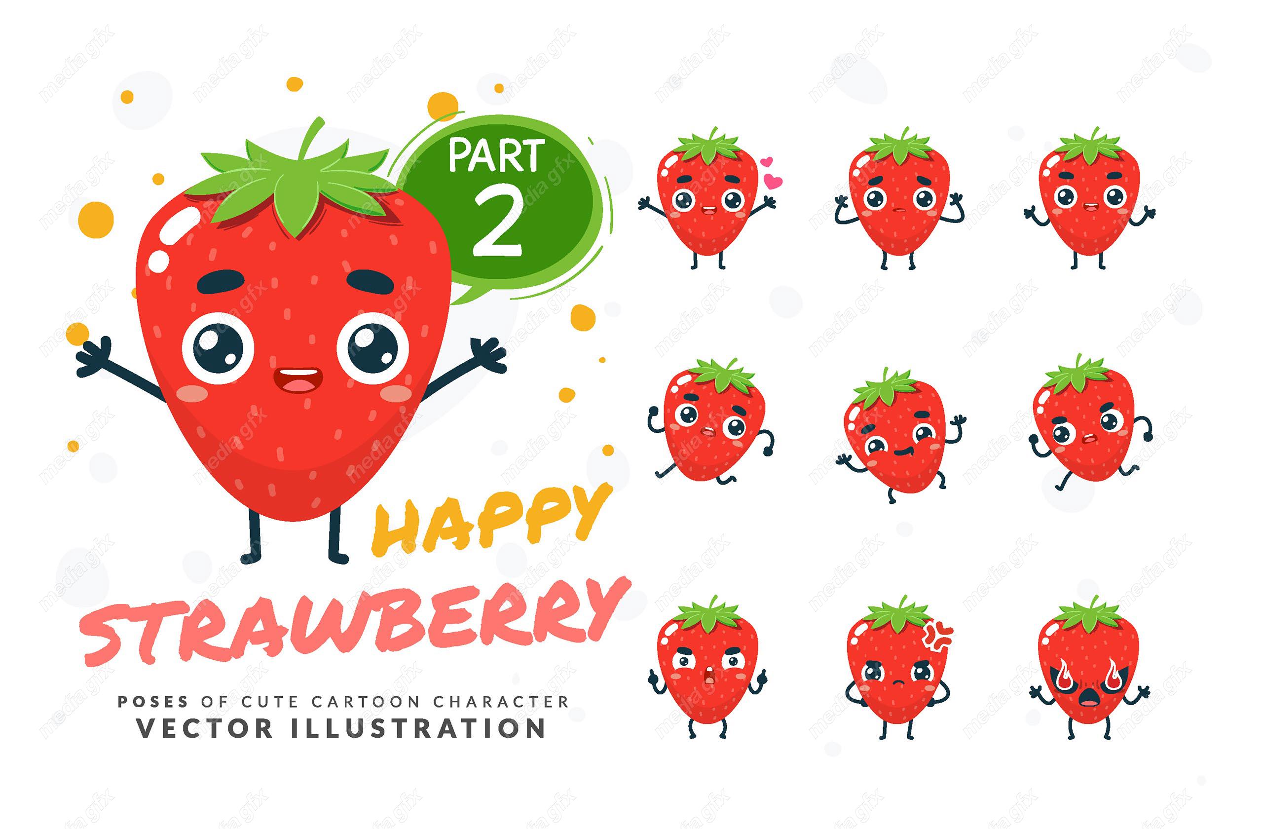 وکتور ست کاراکتر کاتونی توت فرنگی در حالات مختلف MV005437